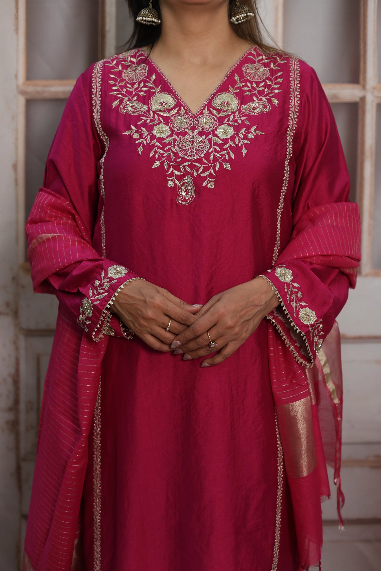 Magenta Pink Silk Kurta Dupatta Set | Zardozi & Sequin Embroidery Work