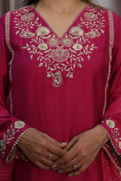 Magenta Pink Silk Kurta Dupatta Set | Zardozi & Sequin Embroidery Work