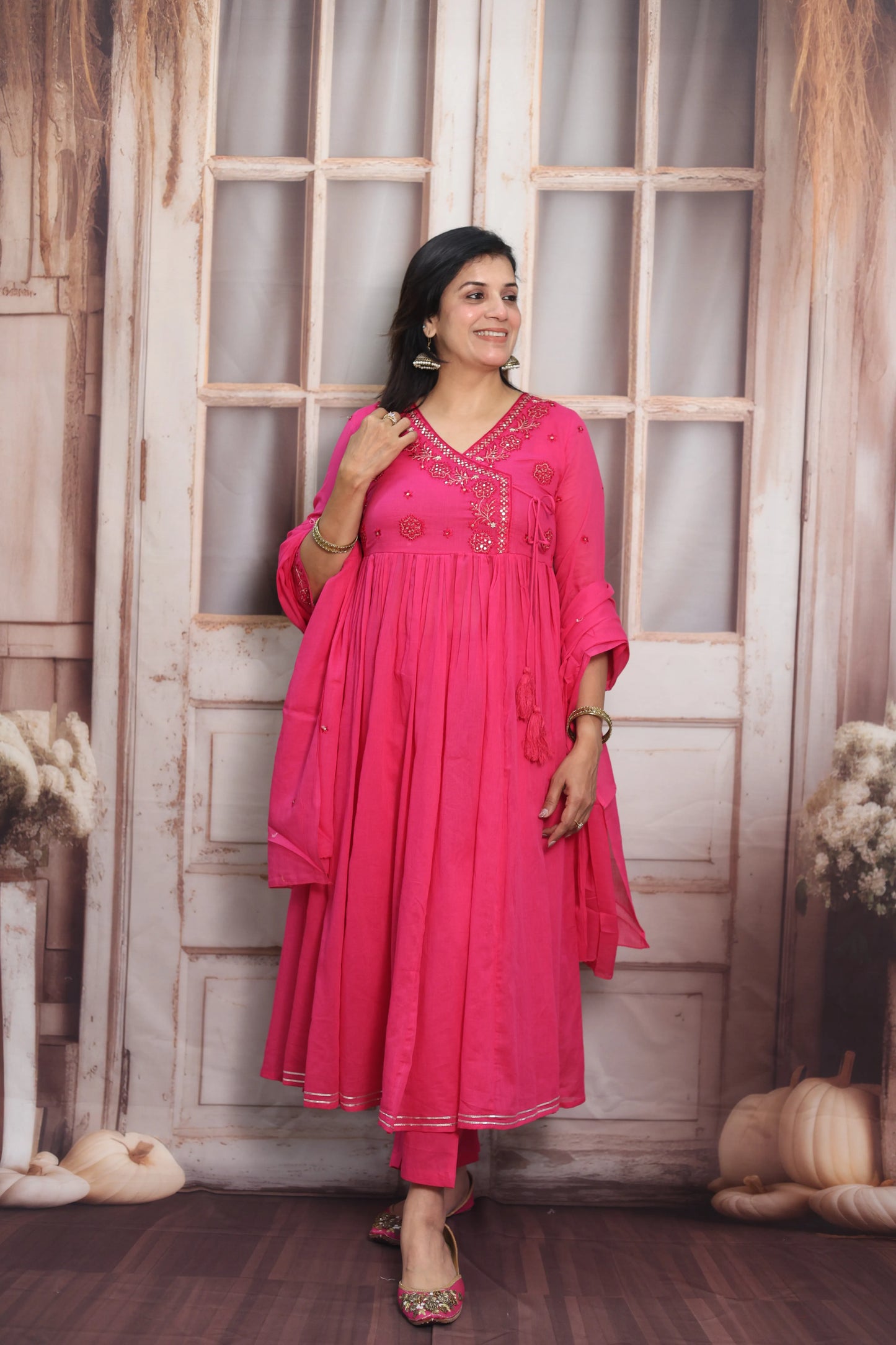 Barbie Pink Mul Mul Angrakha Style Anarkali Set | Sequins Embroidery Work