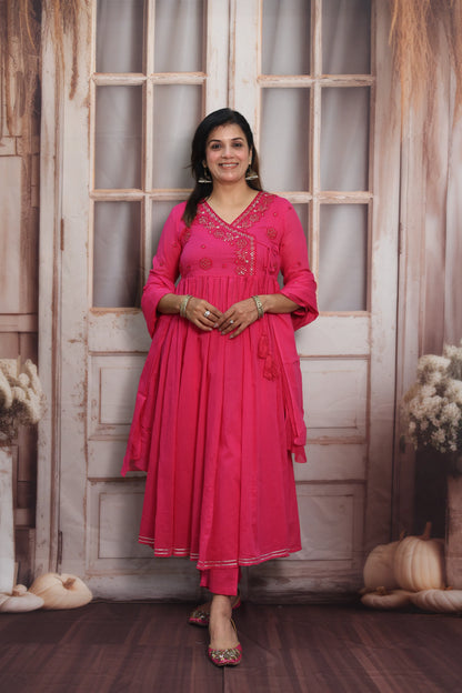 Barbie Pink Mul Mul Angrakha Style Anarkali Set | Sequins Embroidery Work