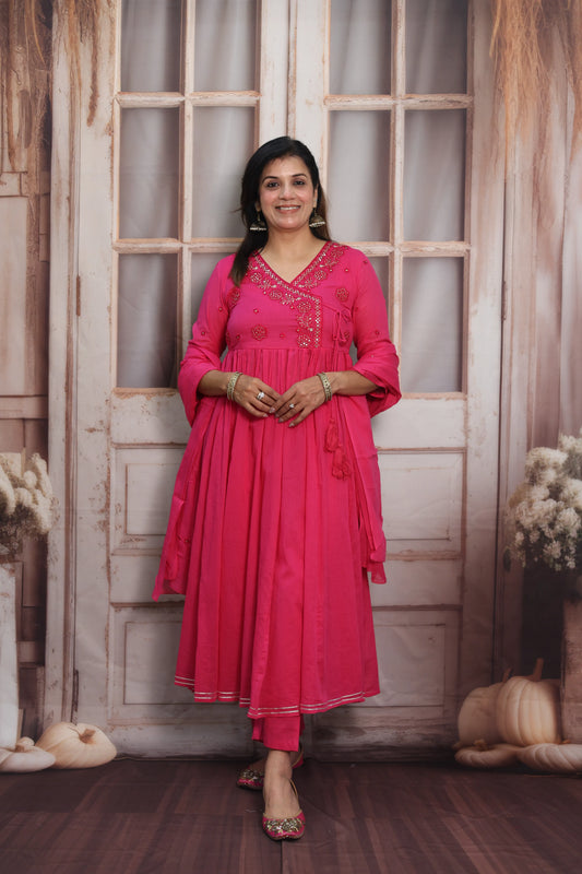 Barbie Pink Mul Mul Angrakha Style Anarkali Set | Sequins Embroidery Work