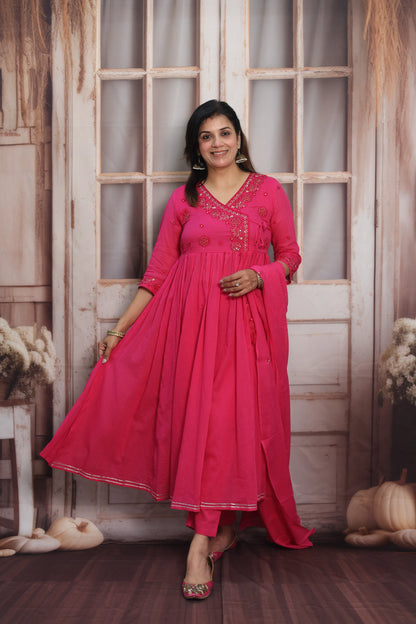 Barbie Pink Mul Mul Angrakha Style Anarkali Set | Sequins Embroidery Work