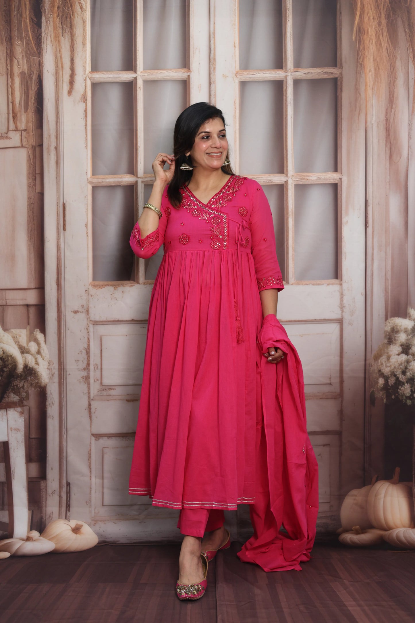 Barbie Pink Mul Mul Angrakha Style Anarkali Set | Sequins Embroidery Work
