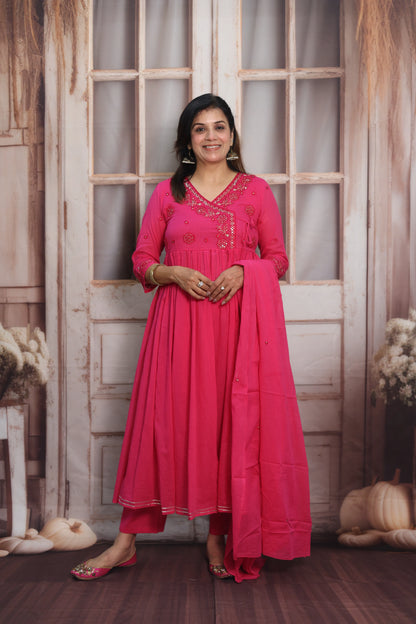 Barbie Pink Mul Mul Angrakha Style Anarkali Set | Sequins Embroidery Work