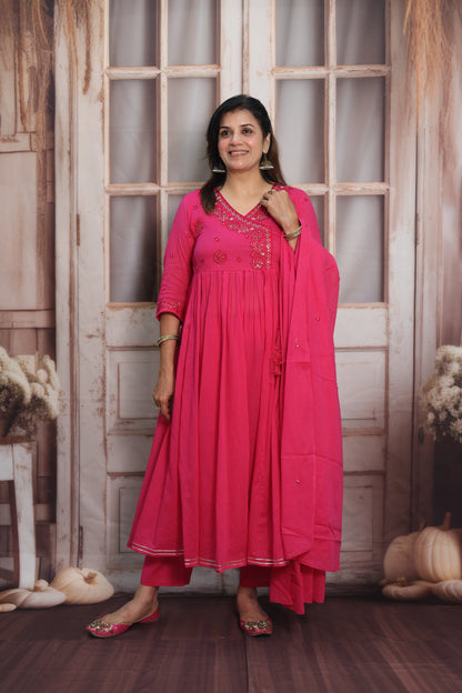 Barbie Pink Mul Mul Angrakha Style Anarkali Set | Sequins Embroidery Work