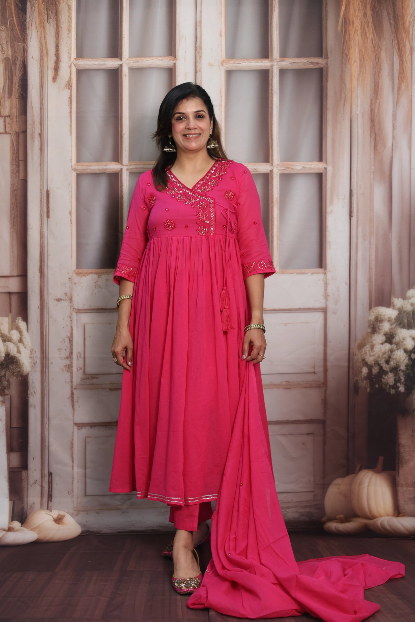 Barbie Pink Mul Mul Angrakha Style Anarkali Set | Sequins Embroidery Work