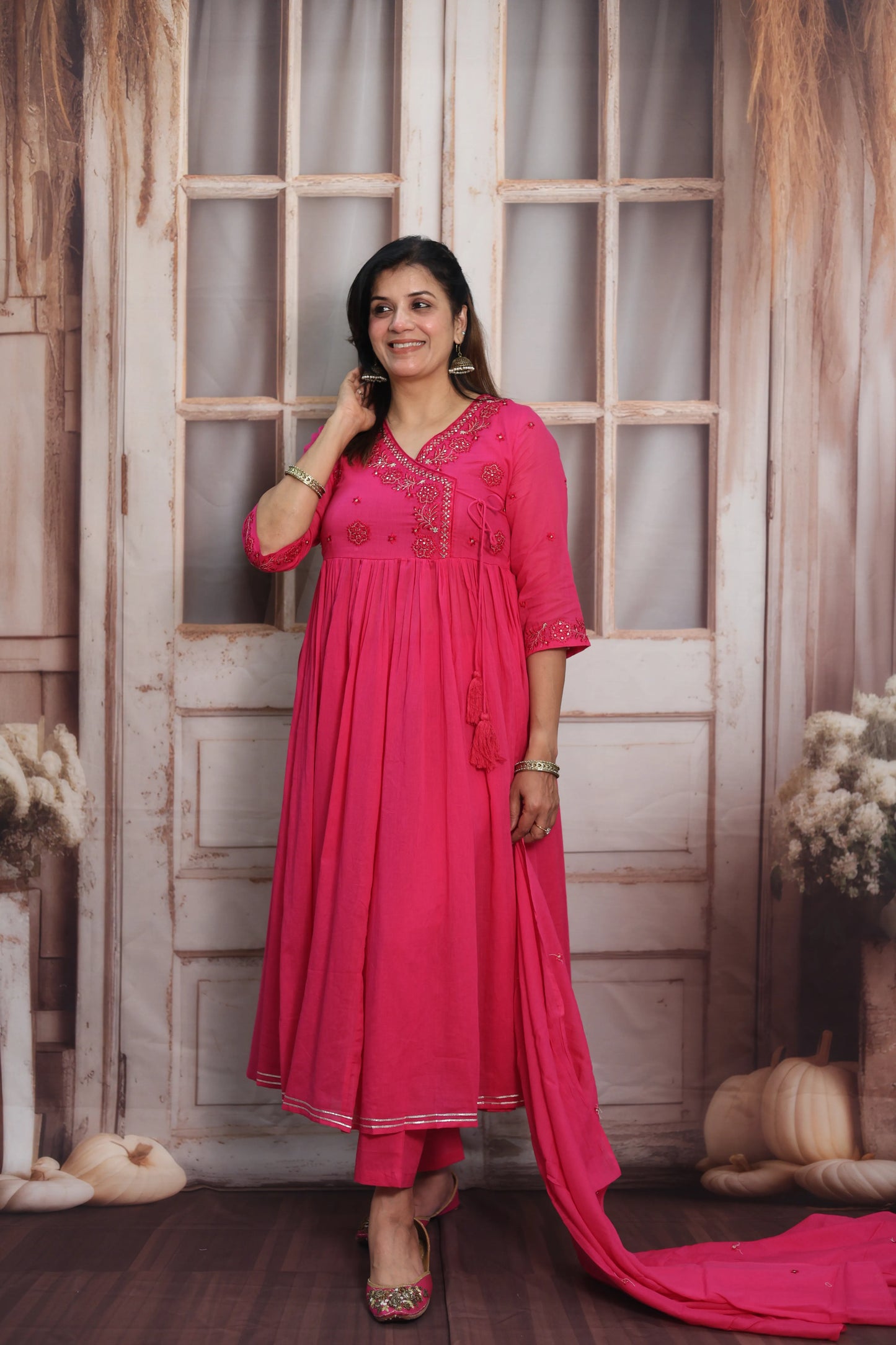 Barbie Pink Mul Mul Angrakha Style Anarkali Set | Sequins Embroidery Work
