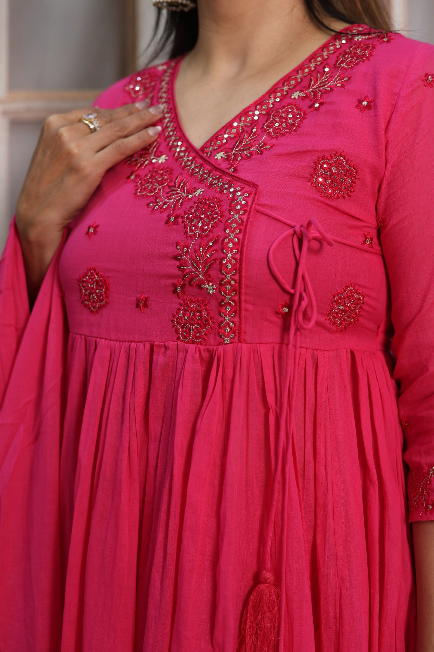 Barbie Pink Mul Mul Angrakha Style Anarkali Set | Sequins Embroidery Work