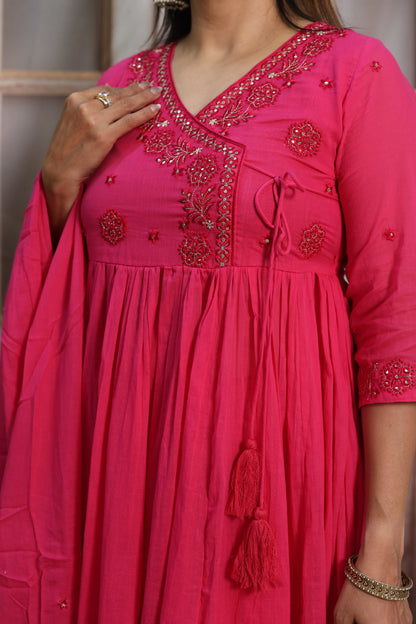 Barbie Pink Mul Mul Angrakha Style Anarkali Set | Sequins Embroidery Work