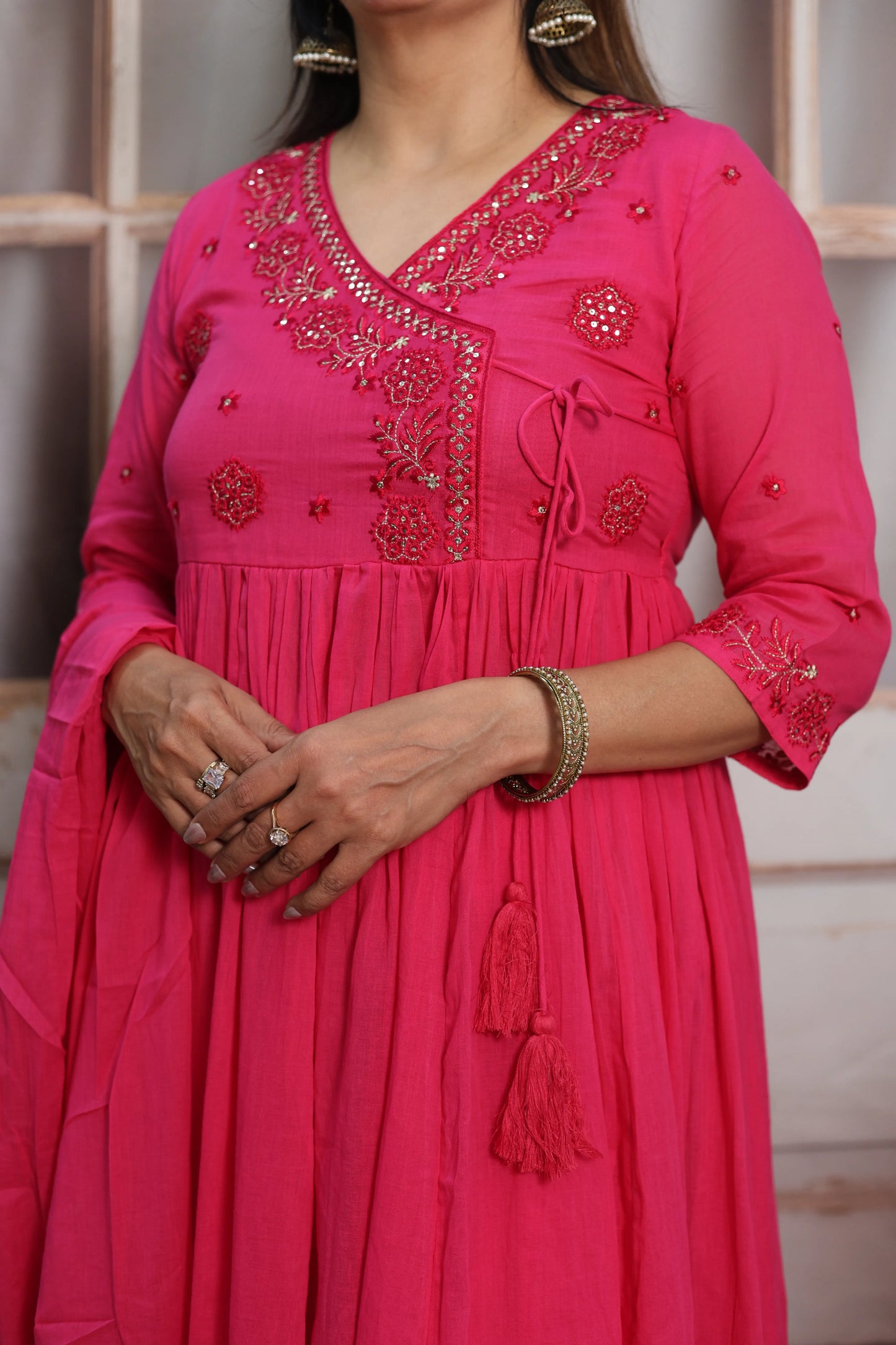 Barbie Pink Mul Mul Angrakha Style Anarkali Set | Sequins Embroidery Work
