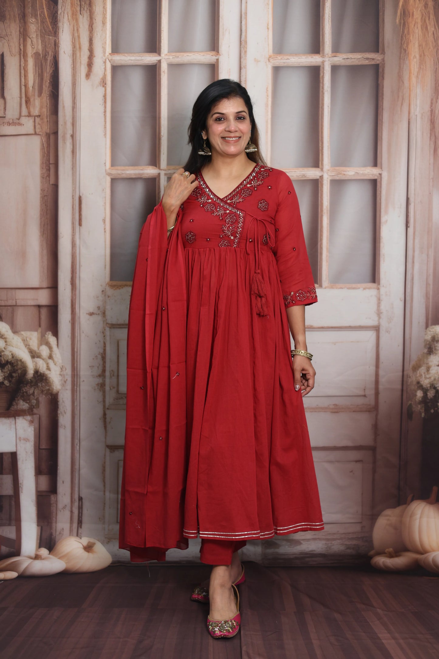 Red Mul Mul Angrakha Style Anarkali Set | Sequins Embroidery Work