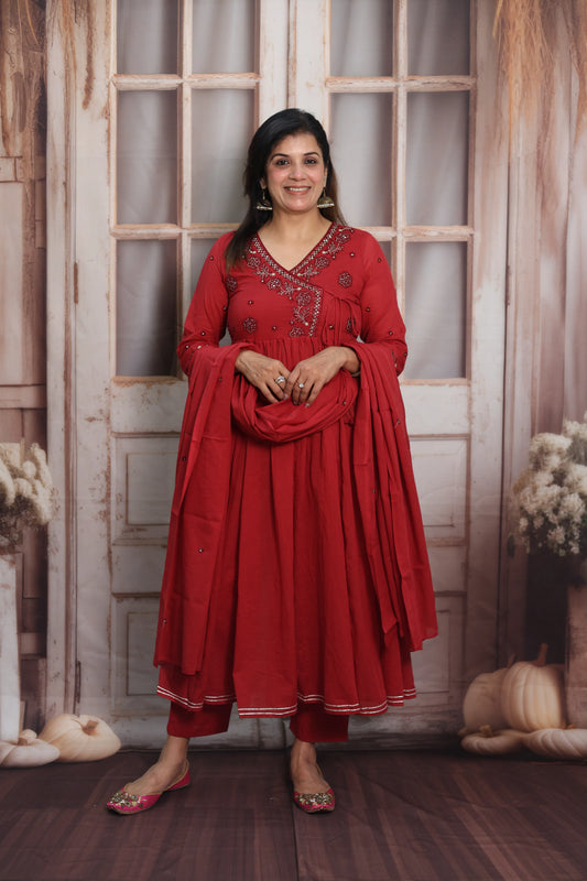 Red Mul Mul Angrakha Style Anarkali Set | Sequins Embroidery Work