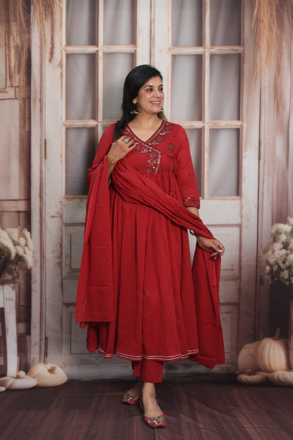 Red Mul Mul Angrakha Style Anarkali Set | Sequins Embroidery Work