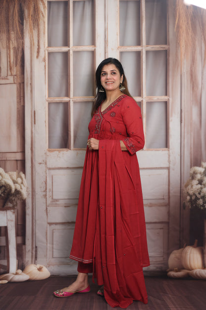 Red Mul Mul Angrakha Style Anarkali Set | Sequins Embroidery Work