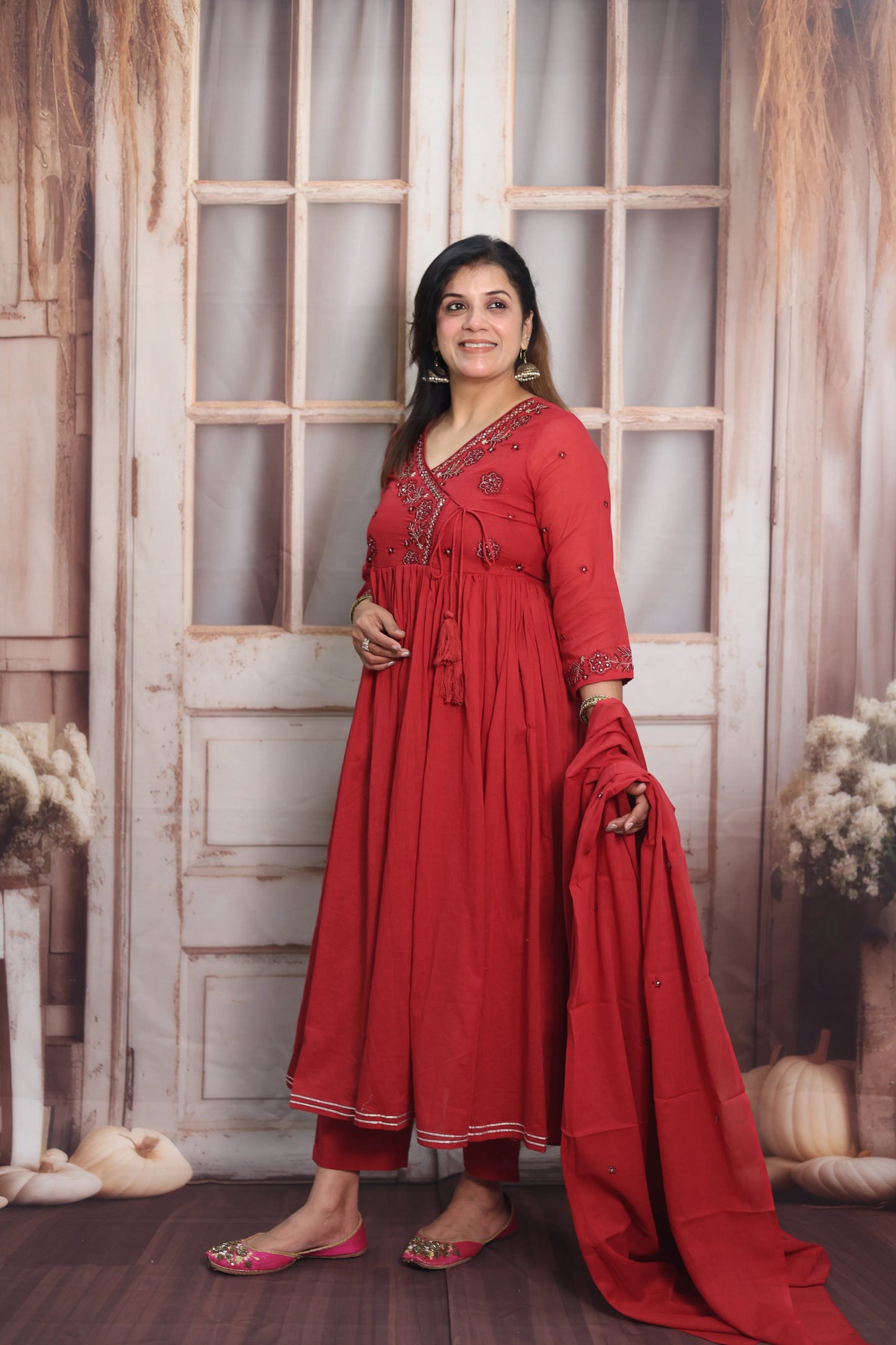 Red Mul Mul Angrakha Style Anarkali Set | Sequins Embroidery Work
