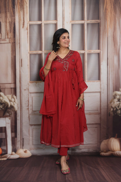 Red Mul Mul Angrakha Style Anarkali Set | Sequins Embroidery Work