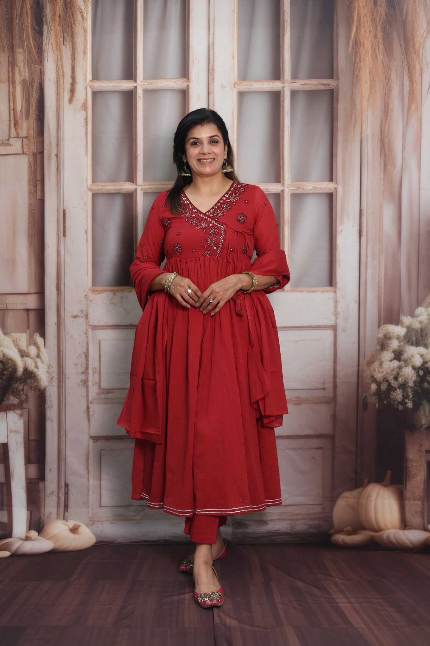 Red Mul Mul Angrakha Style Anarkali Set | Sequins Embroidery Work