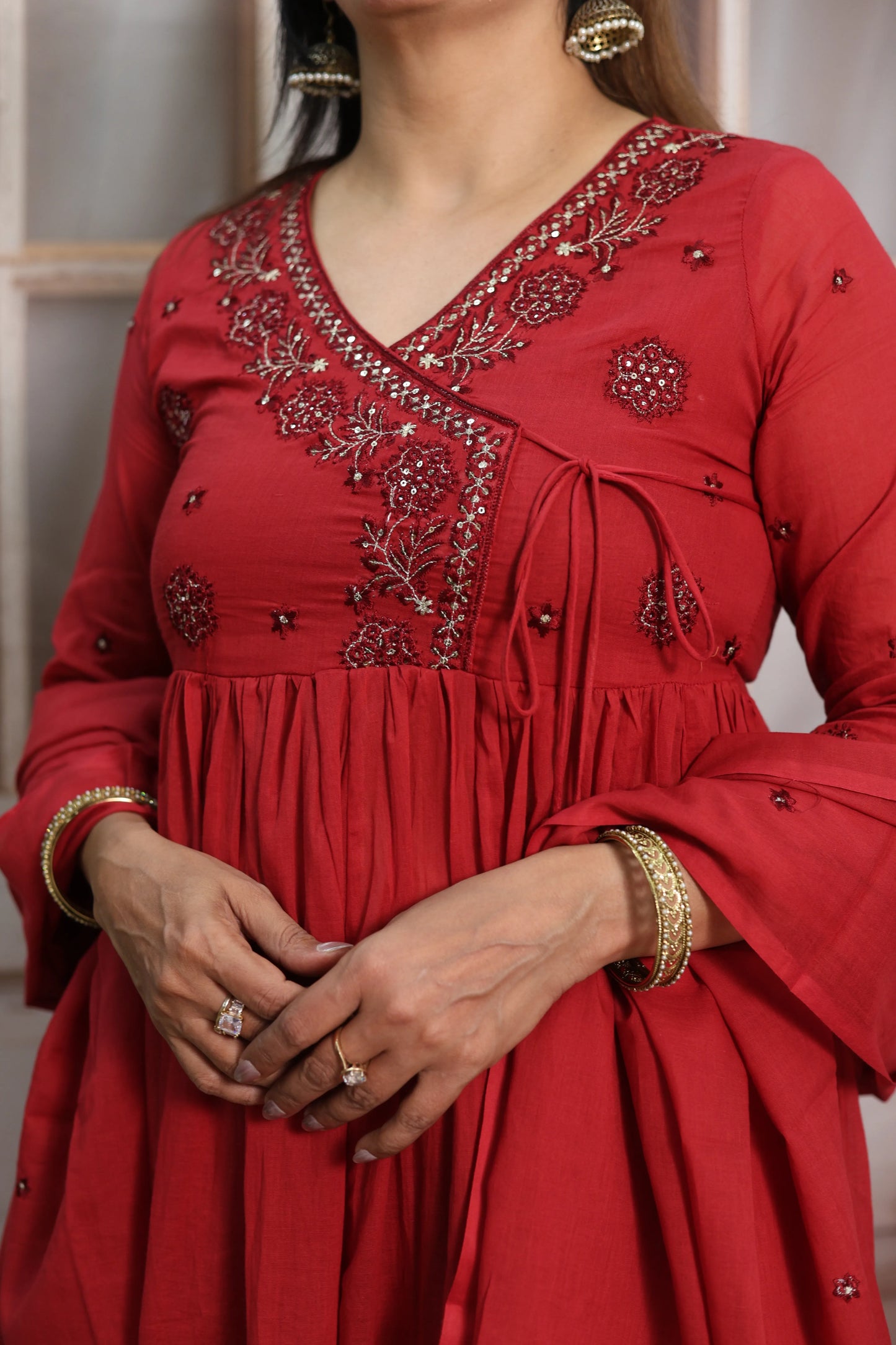 Red Mul Mul Angrakha Style Anarkali Set | Sequins Embroidery Work