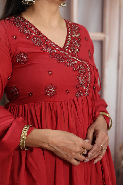 Red Mul Mul Angrakha Style Anarkali Set | Sequins Embroidery Work