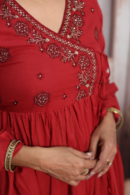 Red Mul Mul Angrakha Style Anarkali Set | Sequins Embroidery Work