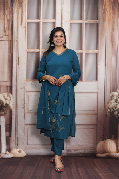 Teal Blue Mul Cotton Kurta Dupatta Set | Pearl, Sequins & Patch Work Design