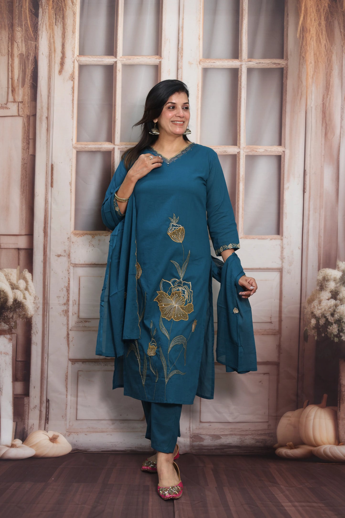 Teal Blue Mul Cotton Kurta Dupatta Set | Pearl, Sequins & Patch Work Design