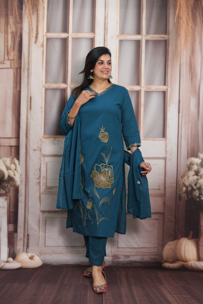 Teal Blue Mul Cotton Kurta Dupatta Set | Pearl, Sequins & Patch Work Design