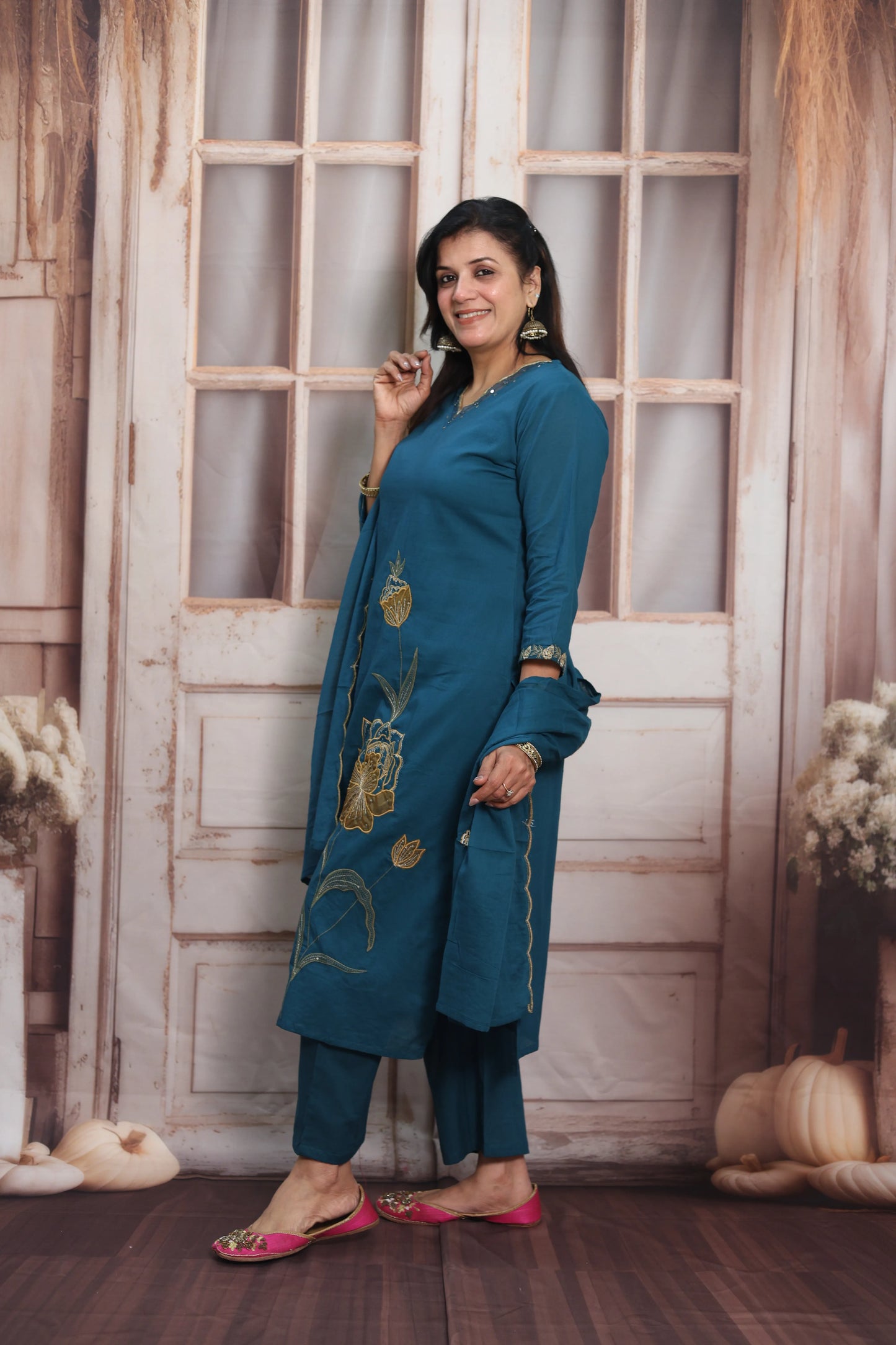 Teal Blue Mul Cotton Kurta Dupatta Set | Pearl, Sequins & Patch Work Design