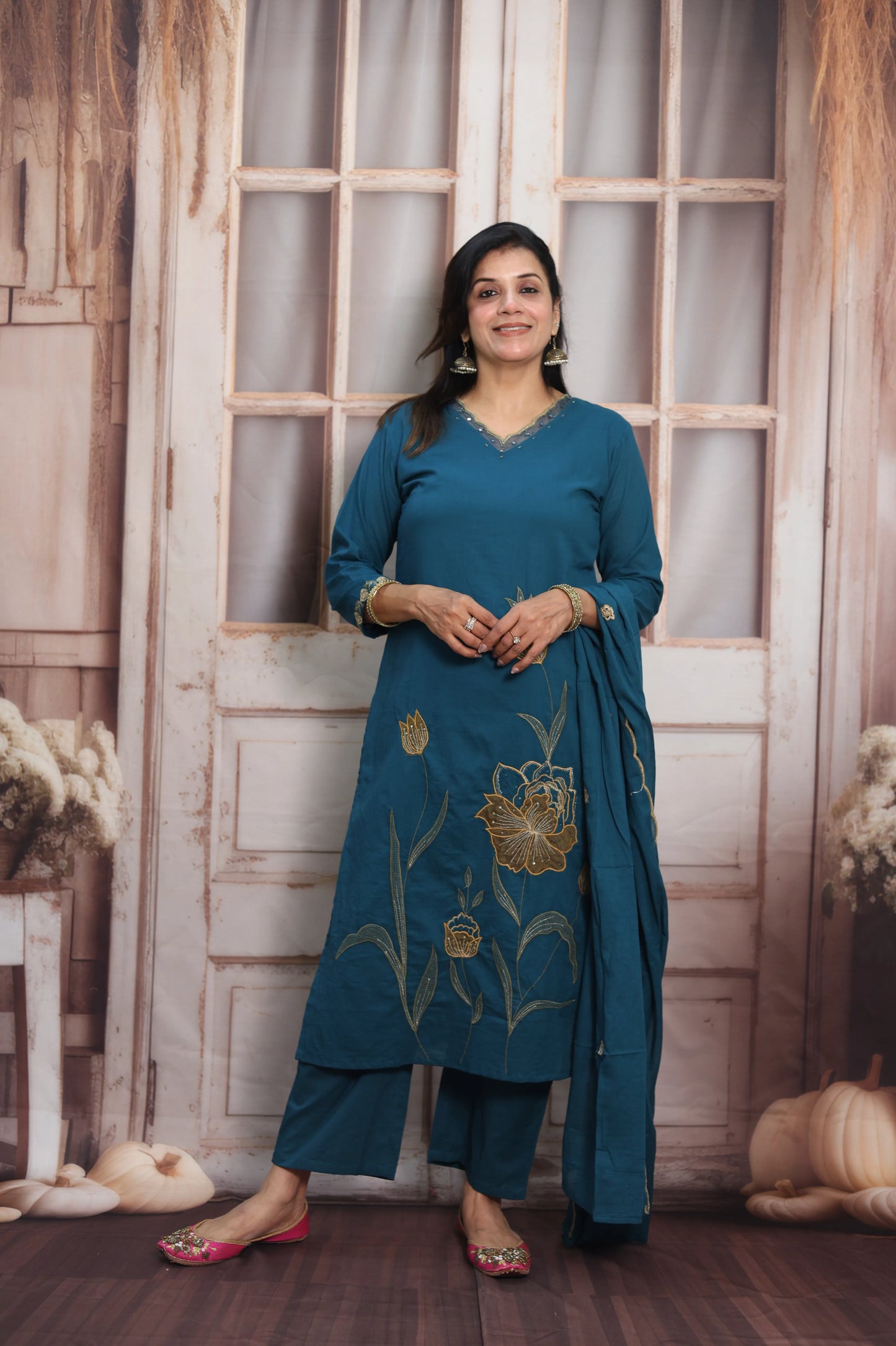 Teal Blue Mul Cotton Kurta Dupatta Set | Pearl, Sequins & Patch Work Design