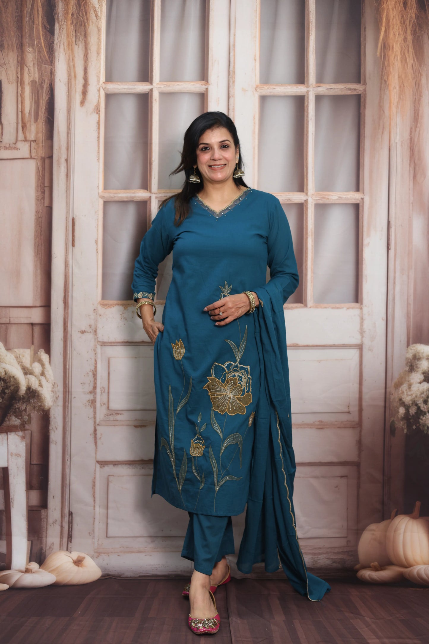 Teal Blue Mul Cotton Kurta Dupatta Set | Pearl, Sequins & Patch Work Design