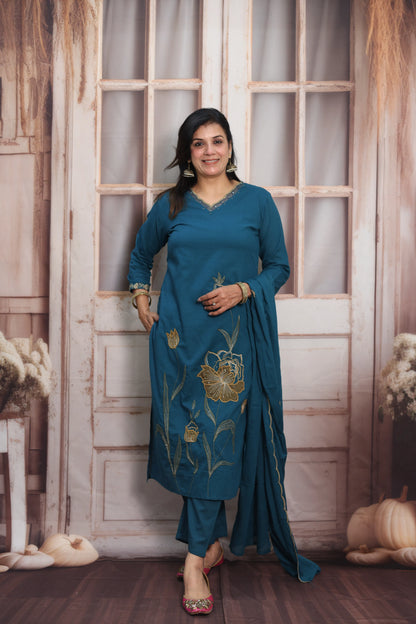 Teal Blue Mul Cotton Kurta Dupatta Set | Pearl, Sequins & Patch Work Design