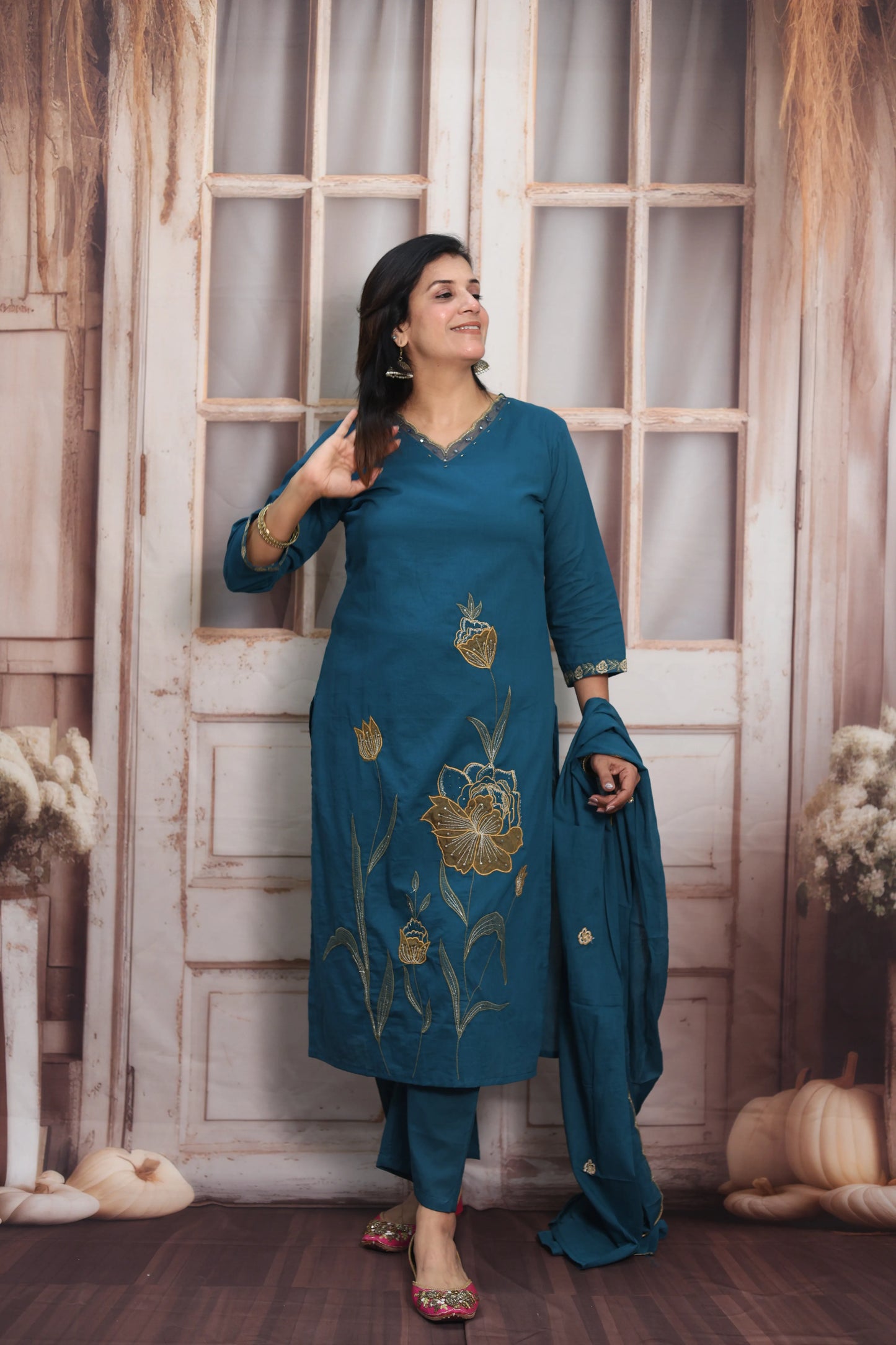 Teal Blue Mul Cotton Kurta Dupatta Set | Pearl, Sequins & Patch Work Design