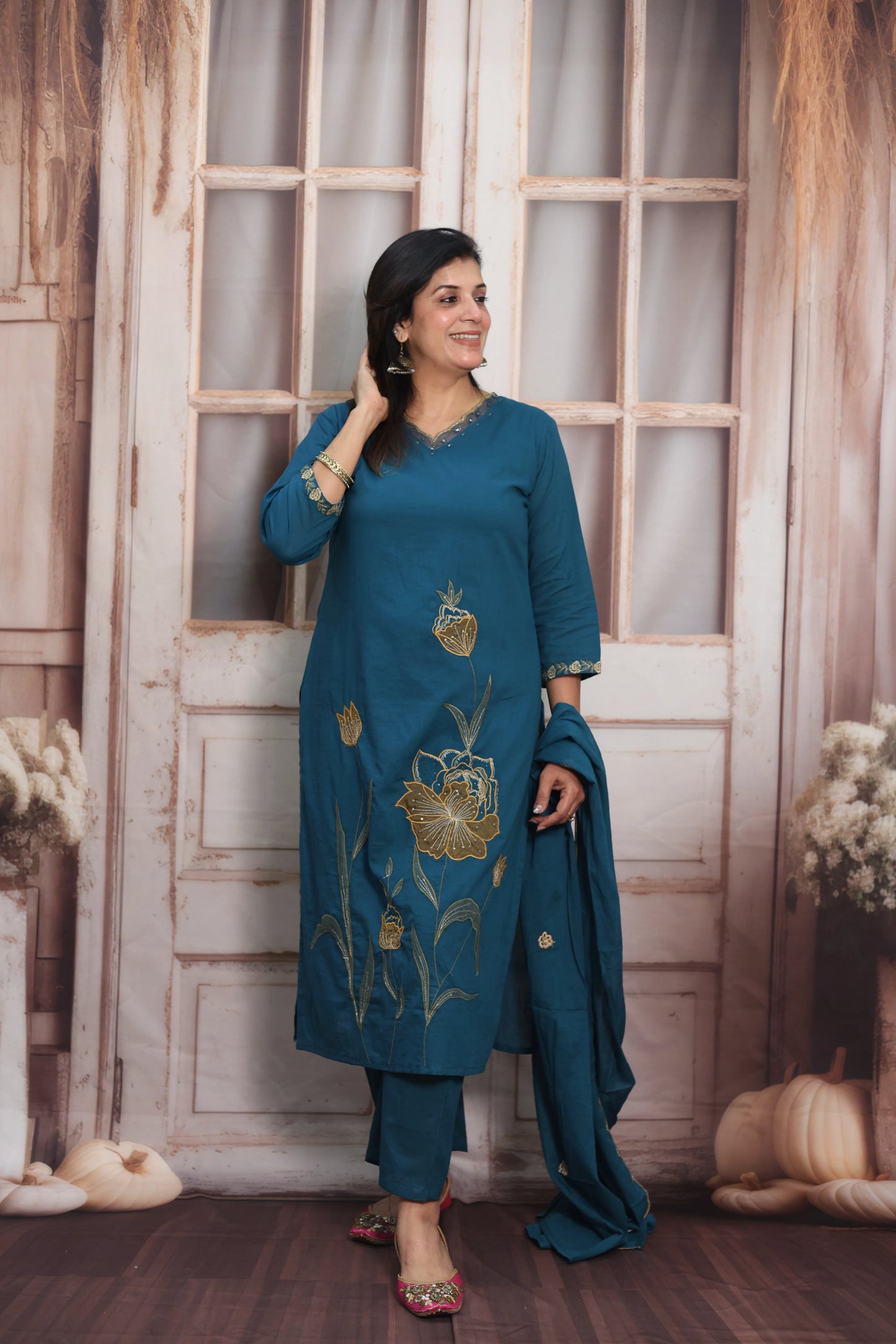 Teal Blue Mul Cotton Kurta Dupatta Set | Pearl, Sequins & Patch Work Design