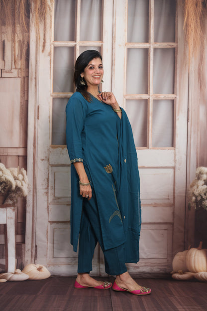 Teal Blue Mul Cotton Kurta Dupatta Set | Pearl, Sequins & Patch Work Design