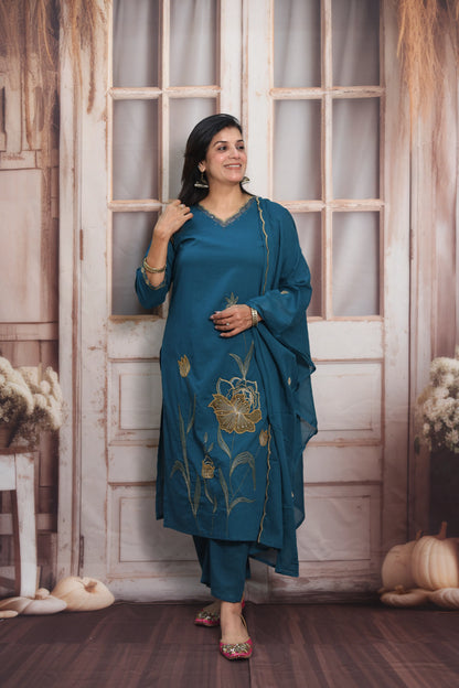 Teal Blue Mul Cotton Kurta Dupatta Set | Pearl, Sequins & Patch Work Design
