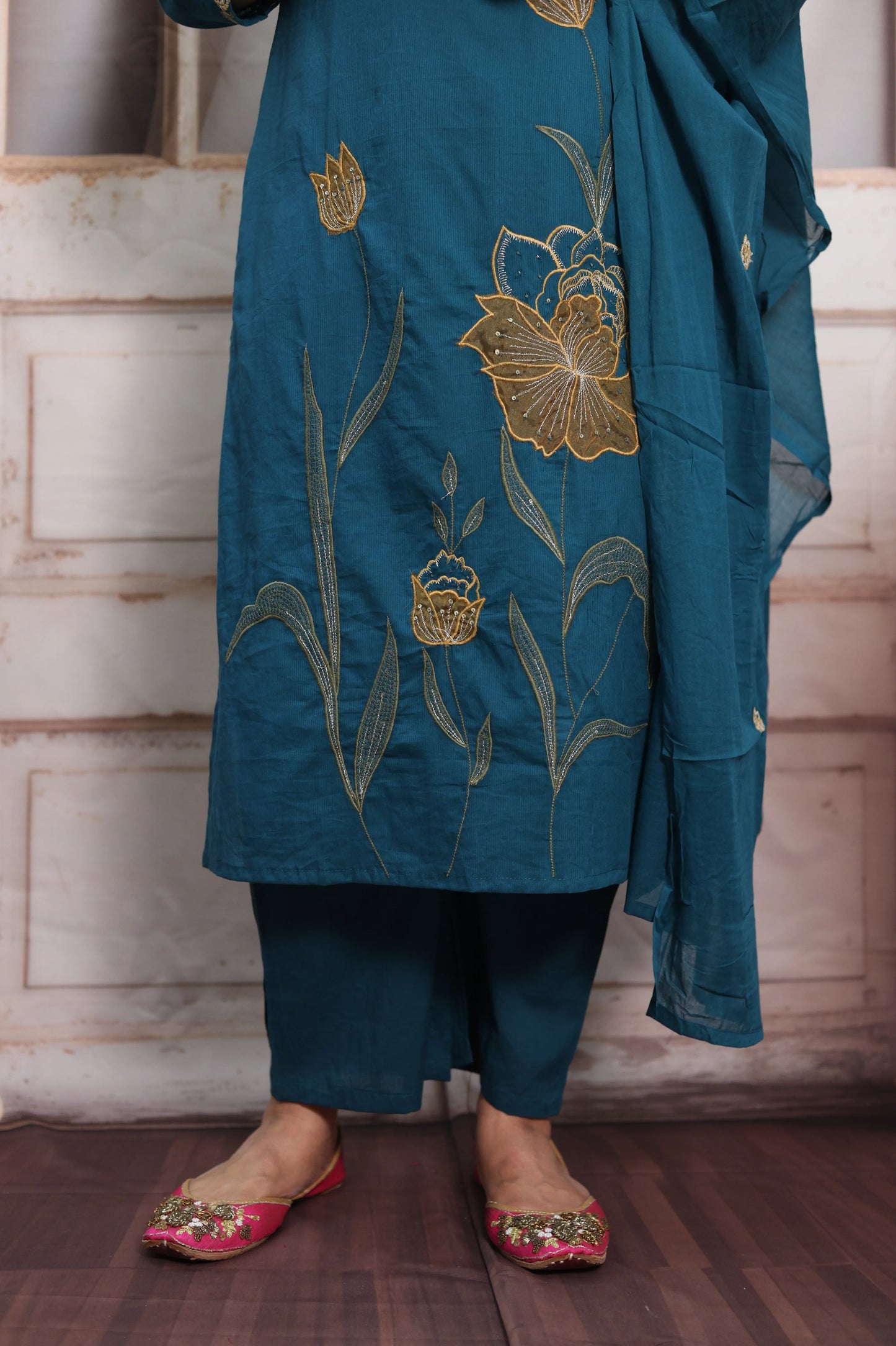 Teal Blue Mul Cotton Kurta Dupatta Set | Pearl, Sequins & Patch Work Design