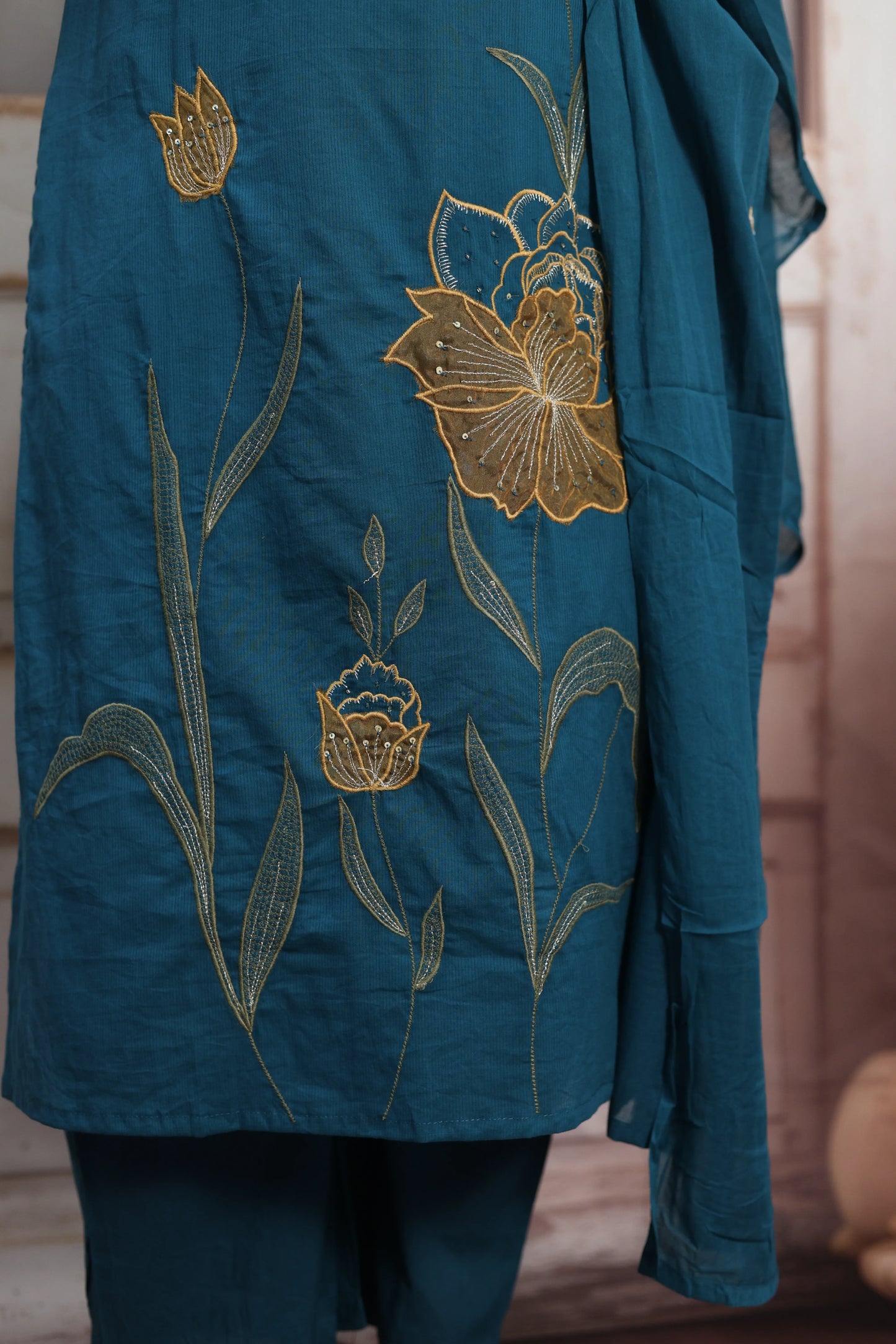 Teal Blue Mul Cotton Kurta Dupatta Set | Pearl, Sequins & Patch Work Design