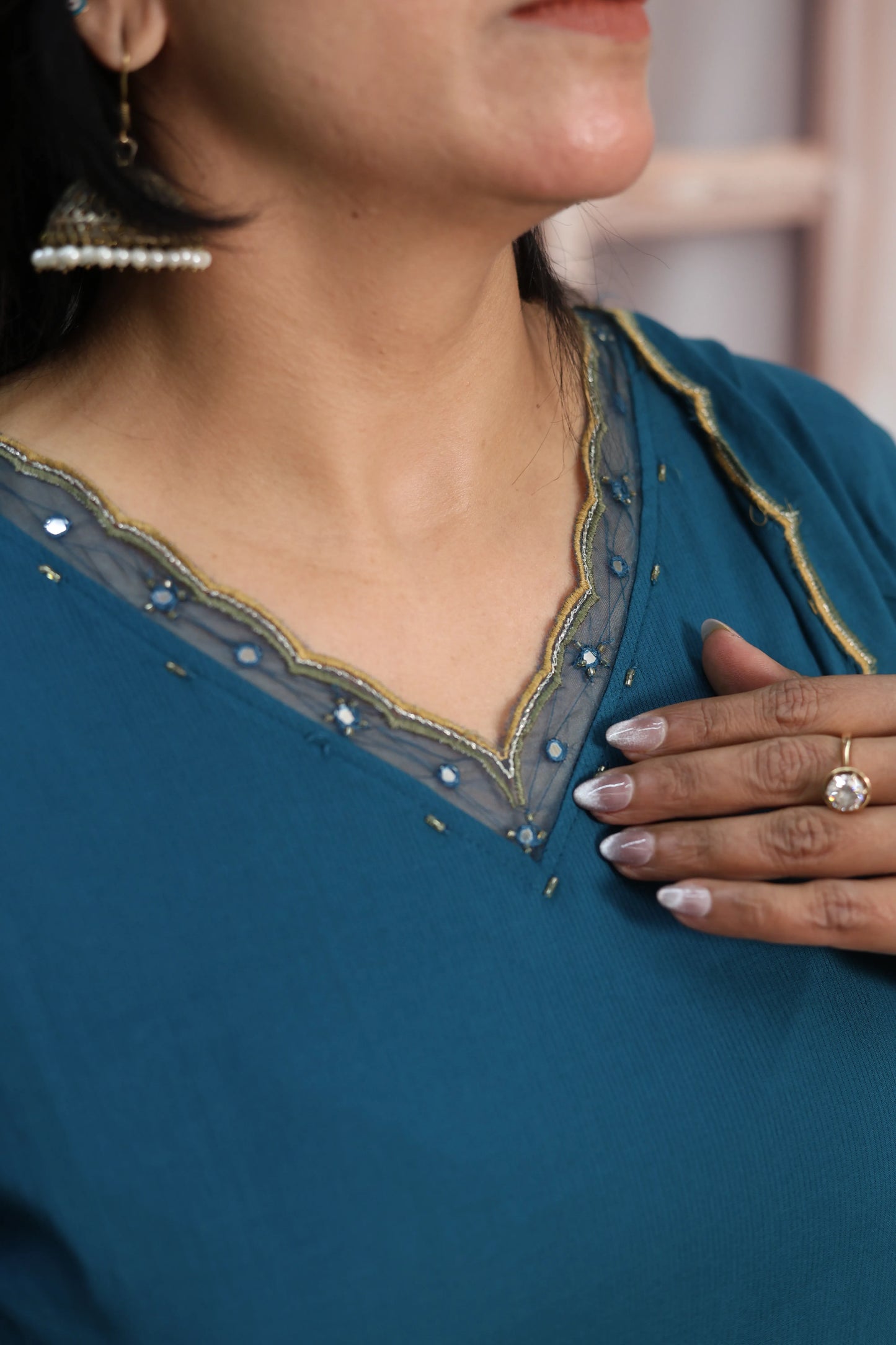 Teal Blue Mul Cotton Kurta Dupatta Set | Pearl, Sequins & Patch Work Design