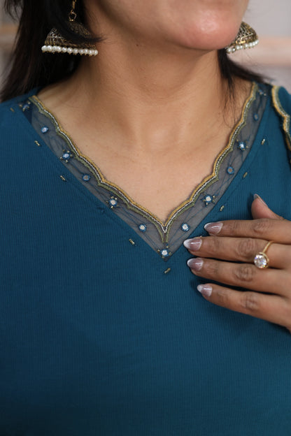 Teal Blue Mul Cotton Kurta Dupatta Set | Pearl, Sequins & Patch Work Design