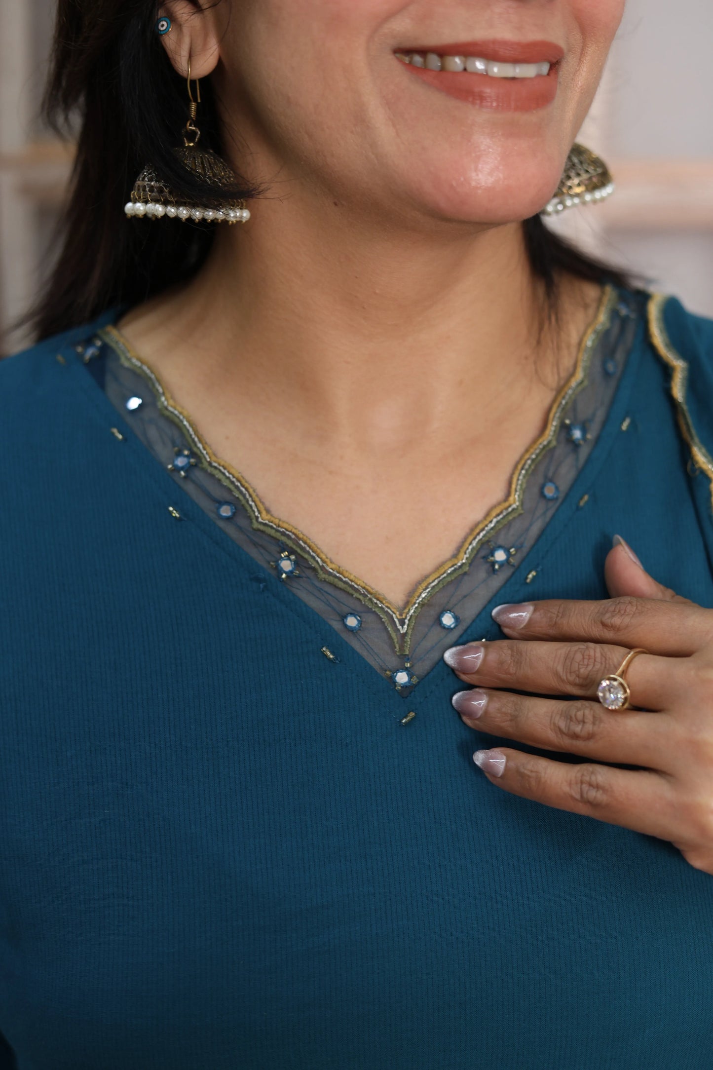 Teal Blue Mul Cotton Kurta Dupatta Set | Pearl, Sequins & Patch Work Design