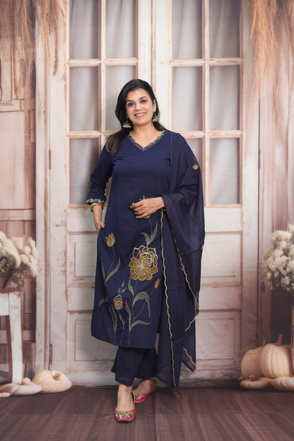 Dark Navy Cotton Kurta Dupatta Set | Pearl, Sequins & Patch Work Design