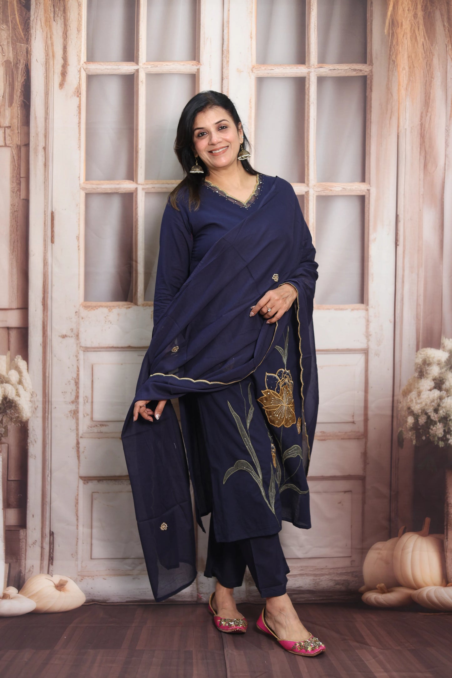 Dark Navy Cotton Kurta Dupatta Set | Pearl, Sequins & Patch Work Design