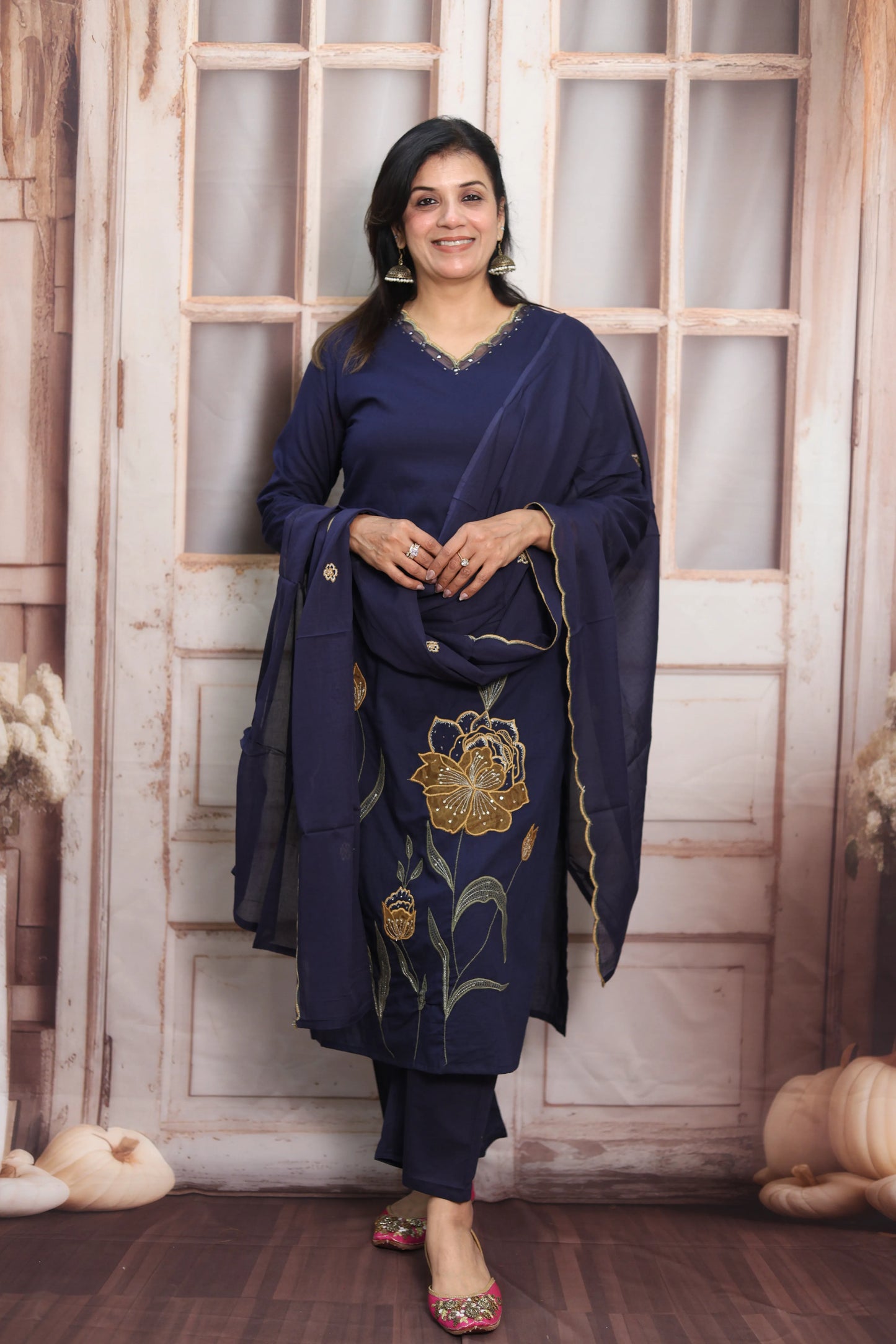 Dark Navy Cotton Kurta Dupatta Set | Pearl, Sequins & Patch Work Design