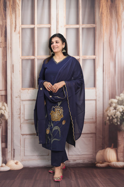 Dark Navy Cotton Kurta Dupatta Set | Pearl, Sequins & Patch Work Design