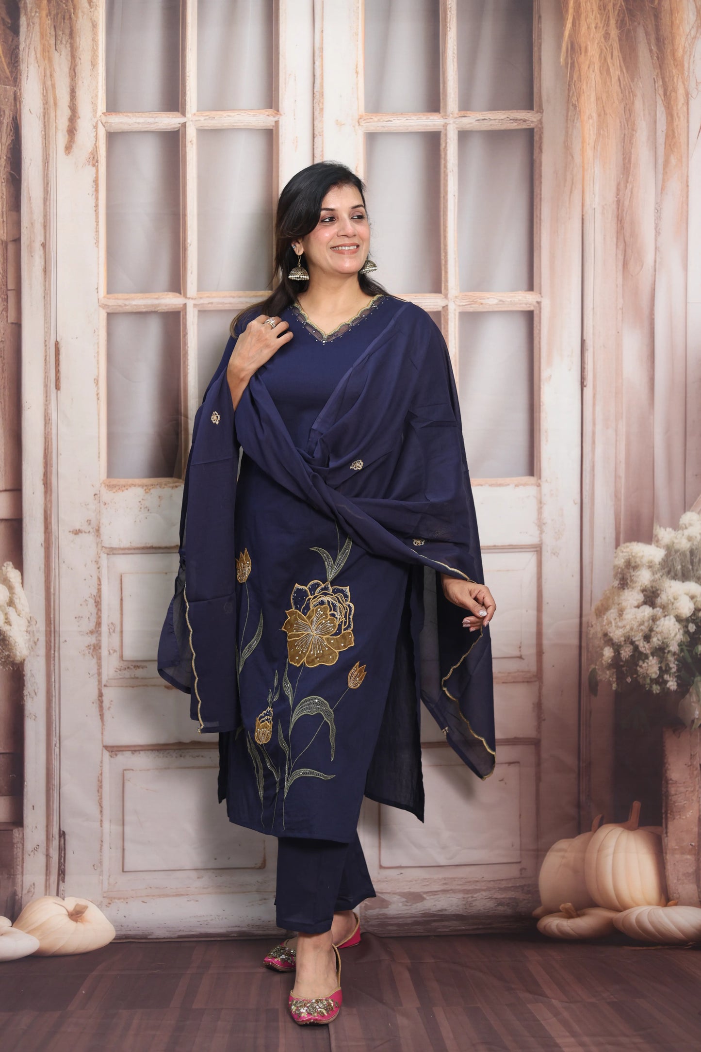 Dark Navy Cotton Kurta Dupatta Set | Pearl, Sequins & Patch Work Design