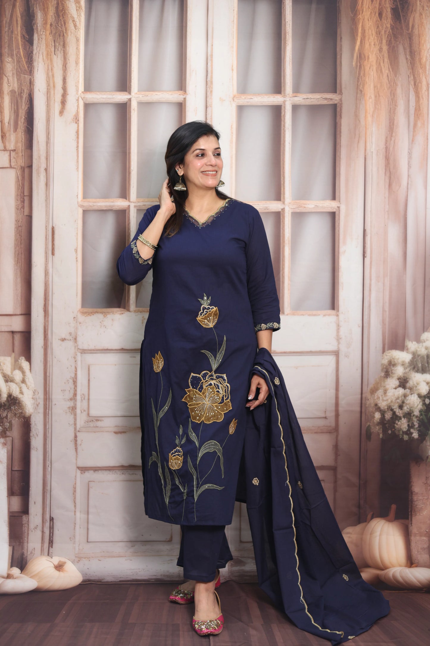 Dark Navy Cotton Kurta Dupatta Set | Pearl, Sequins & Patch Work Design