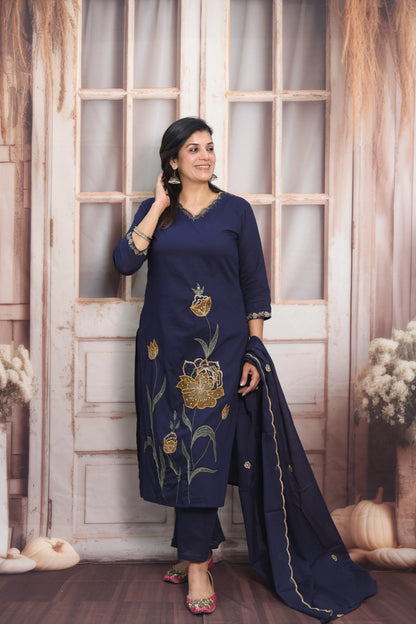 Dark Navy Cotton Kurta Dupatta Set | Pearl, Sequins & Patch Work Design