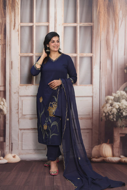 Dark Navy Cotton Kurta Dupatta Set | Pearl, Sequins & Patch Work Design