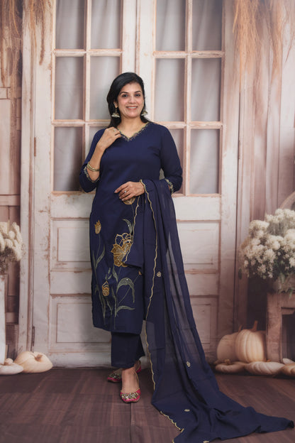 Dark Navy Cotton Kurta Dupatta Set | Pearl, Sequins & Patch Work Design