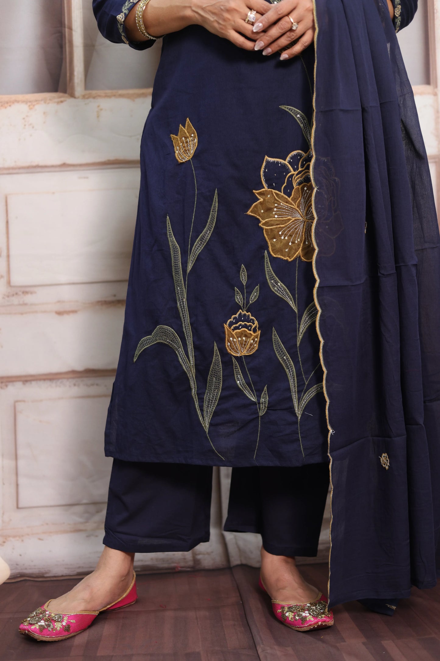 Dark Navy Cotton Kurta Dupatta Set | Pearl, Sequins & Patch Work Design